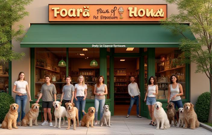 Paws & Tails storefront with happy pet owners and pets