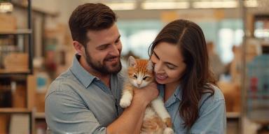 Smiling family adopting a playful kitten during in-store adoption day