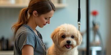 Professional pet groomer styling a friendly dog in a tidy grooming salon